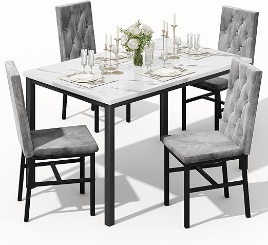 Faux Marble Dining Table Set with 4 Tufted Chairs