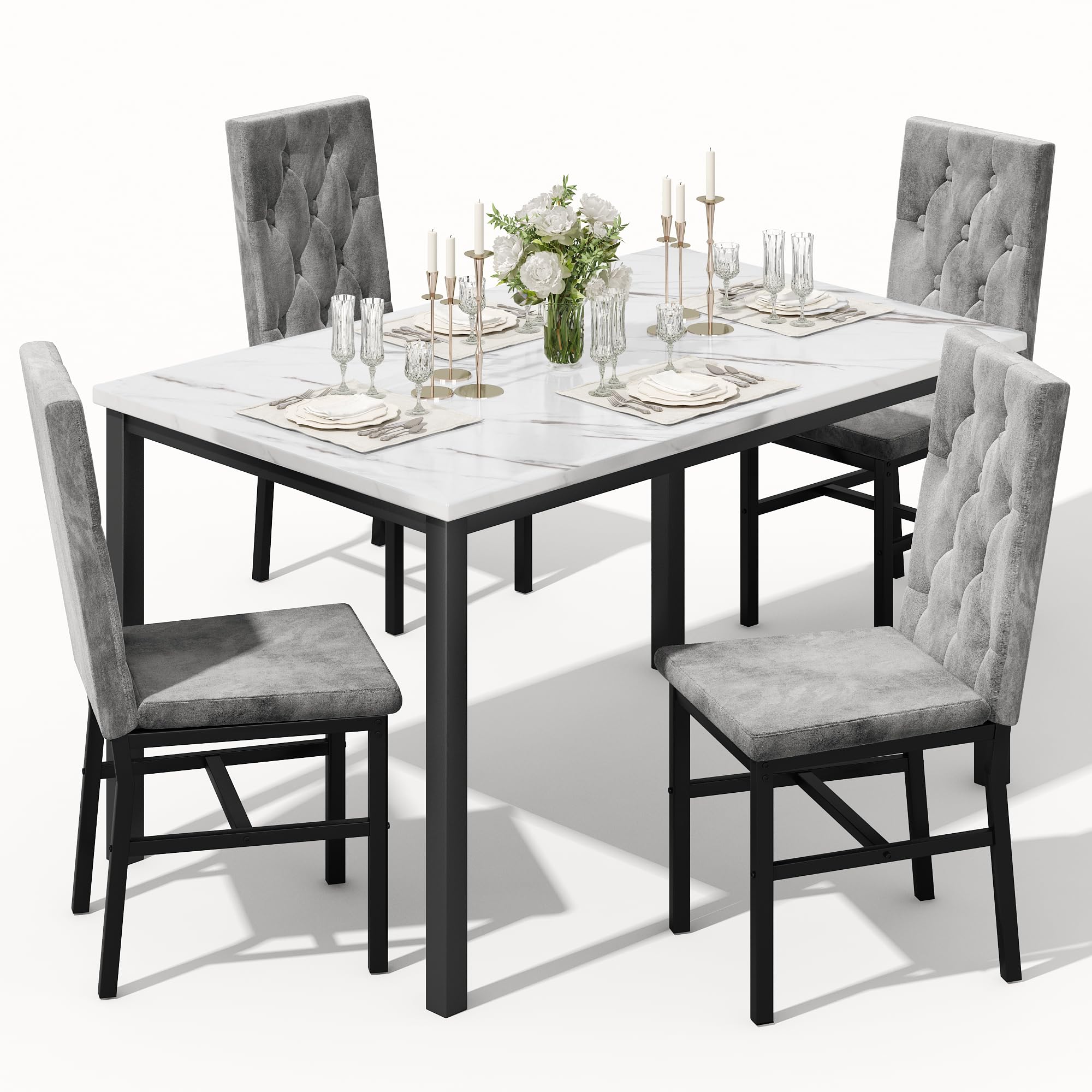 Faux Marble Dining Table Set with 4 Tufted Chairs