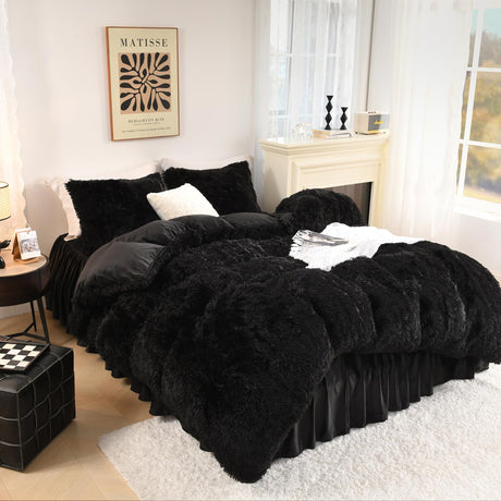 Black Fluffy Comforter King Size, Luxury Plush Faux Fur Bedding Set for King Bed,