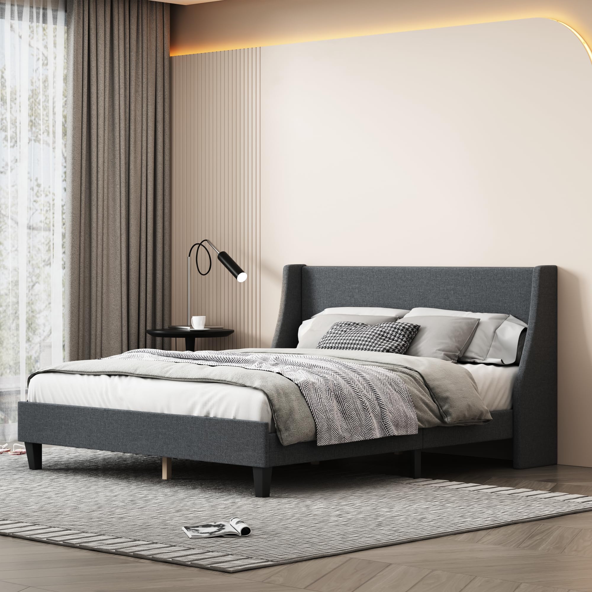 Queen Size Upholstered Platform Bed with Linen Fabric Adjustable Headboard