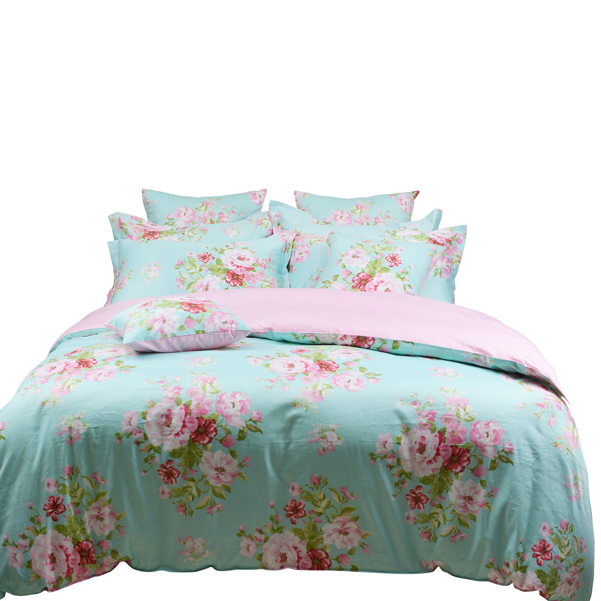 Shabby Floral Duvet Cover Set Pink Grid Cotton Farmhouse Bedding with Hidden