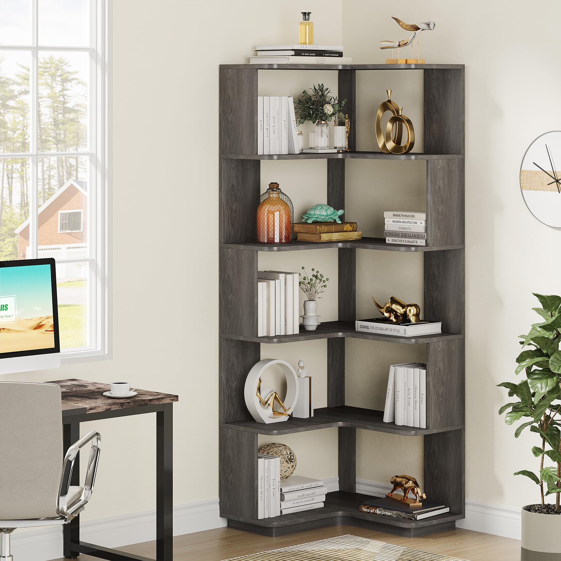 6-Tier Corner Bookshelf, 64.9 Inch Tall Bookcase with Anti-Drop Panel, Industrial Freestanding
