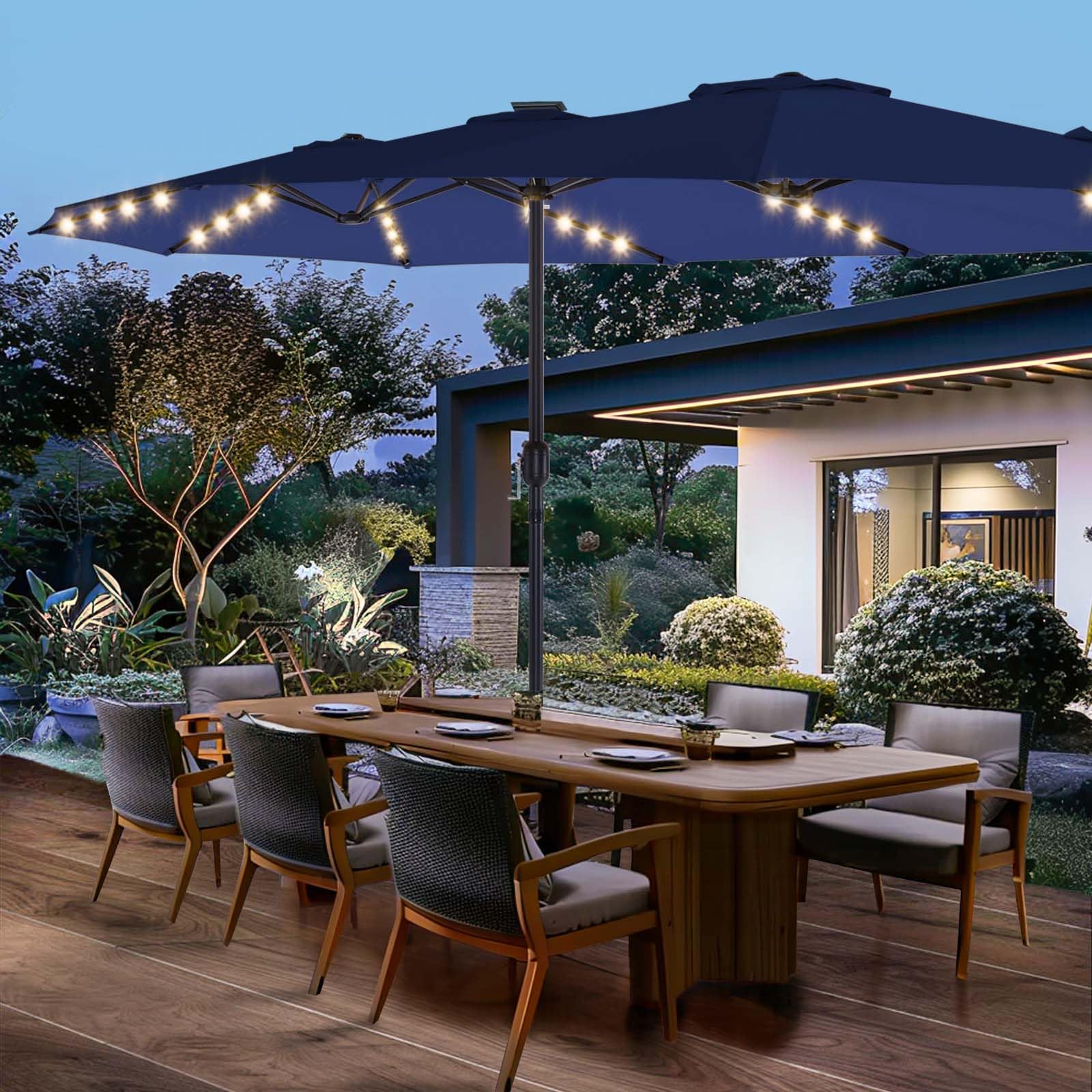 15FT Solar LED Patio Umbrella with Base,Outdoor Double-Sided Umbrella