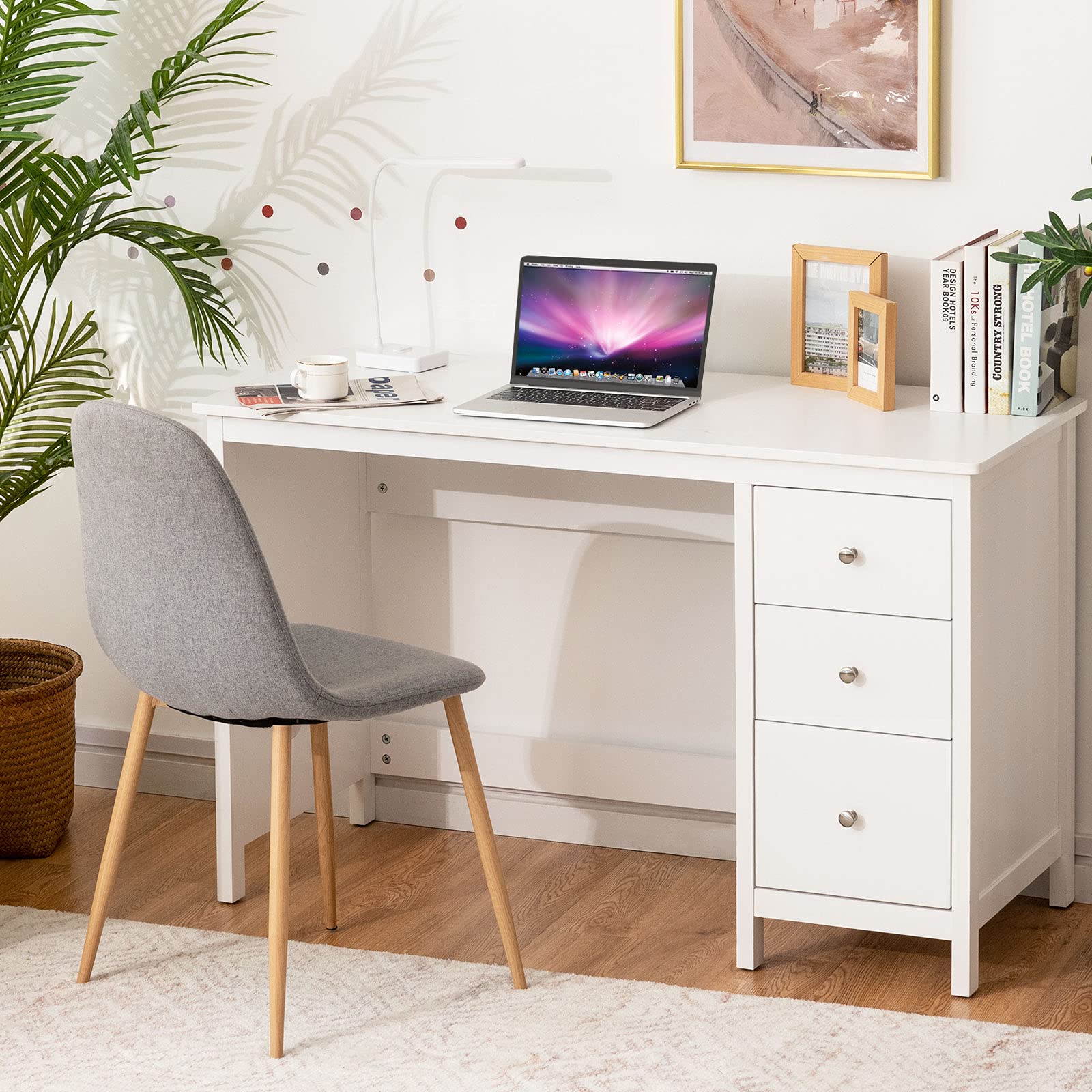 White Desk with Drawers, Modern Home Office Computer Desk