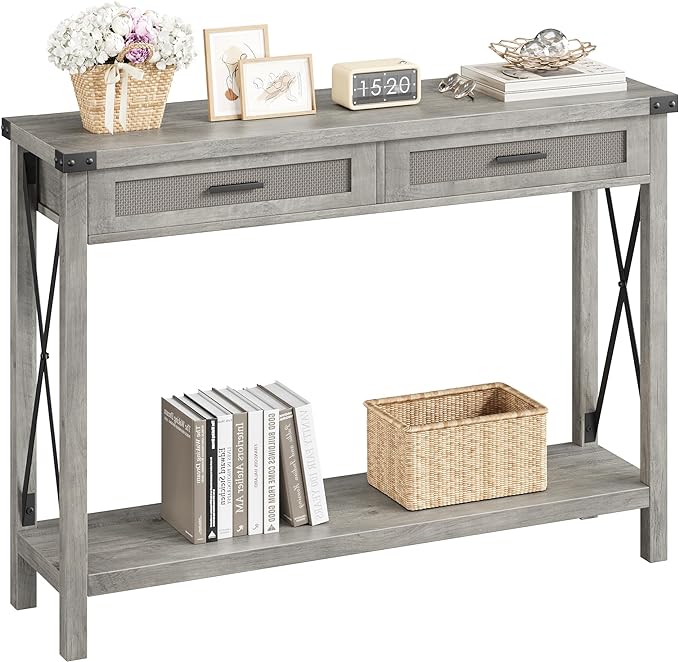 Farmhouse Entryway Table with Rattan Drawers, Grey Console Table for Entryway,
