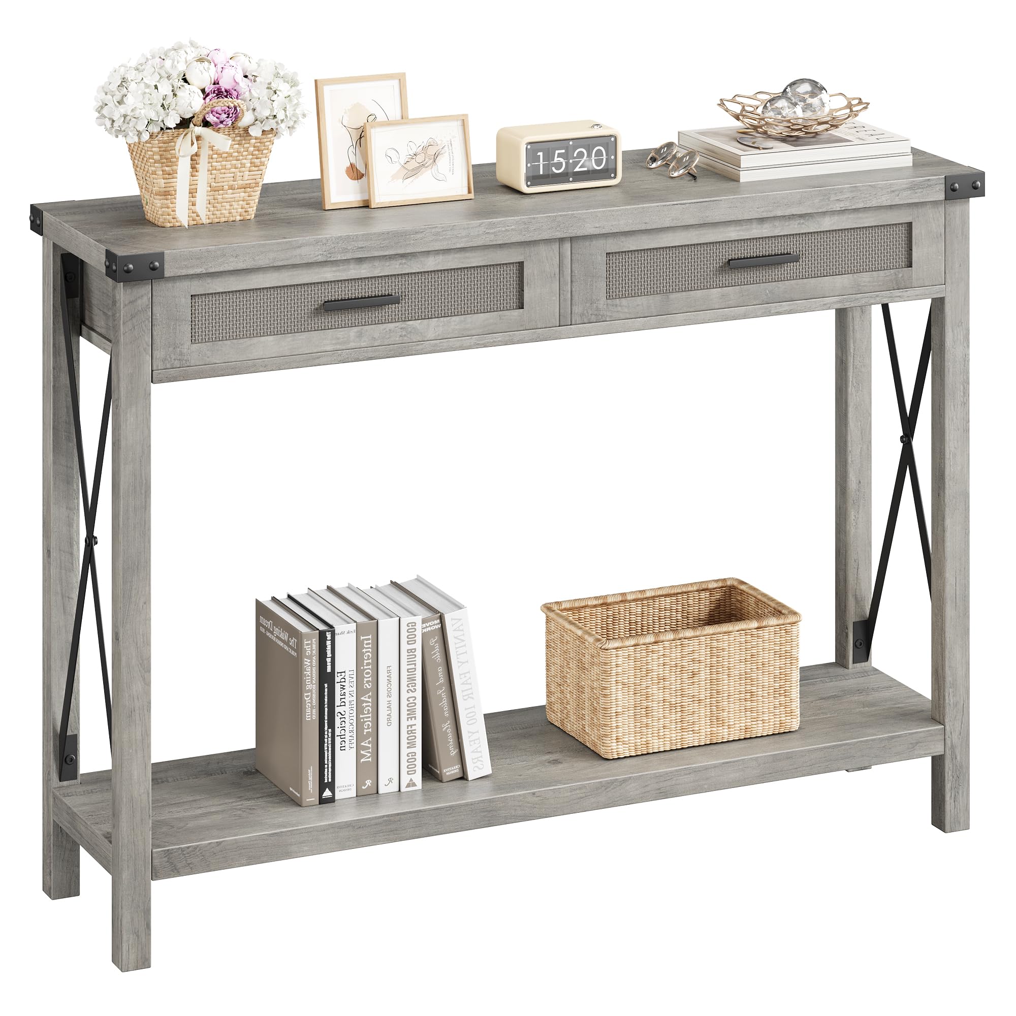 Farmhouse Entryway Table with Rattan Drawers, Grey Console Table for Entryway,