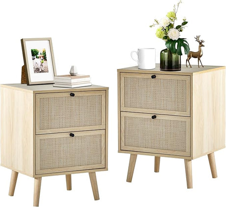 PHOYAL Rattan Nightstand Set of 2, End Table Rattan Bedside Table with Storage 3-Drawer Side Table