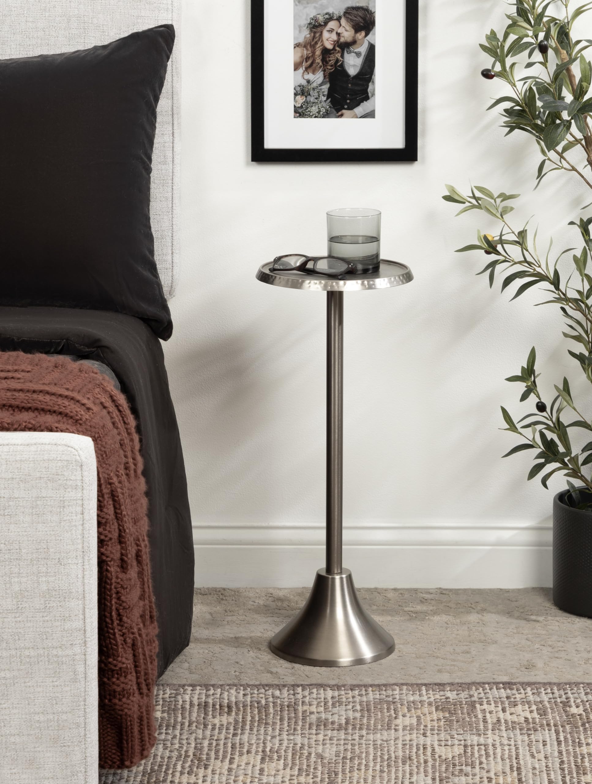 Sanzo Modern Pedestal Drink Table, 9 x 9 x 23, Antique Nickel, Decorative End Table