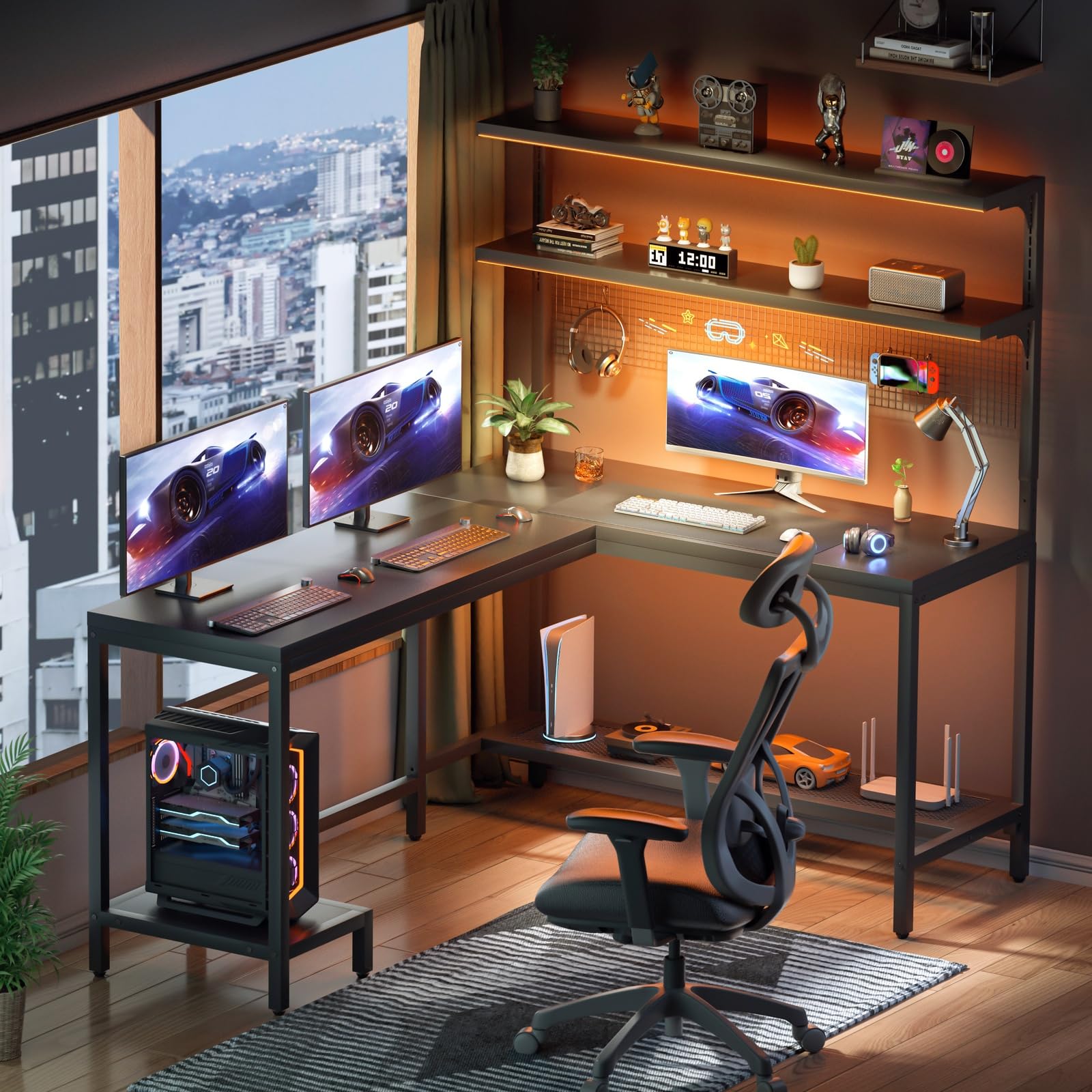 55" L Shaped Gaming Desk with Hutch Shelves, Pegboard and LED Lights, Solid Wood Corner Computer Desk Work Desk for Home Office, Black, Reversible