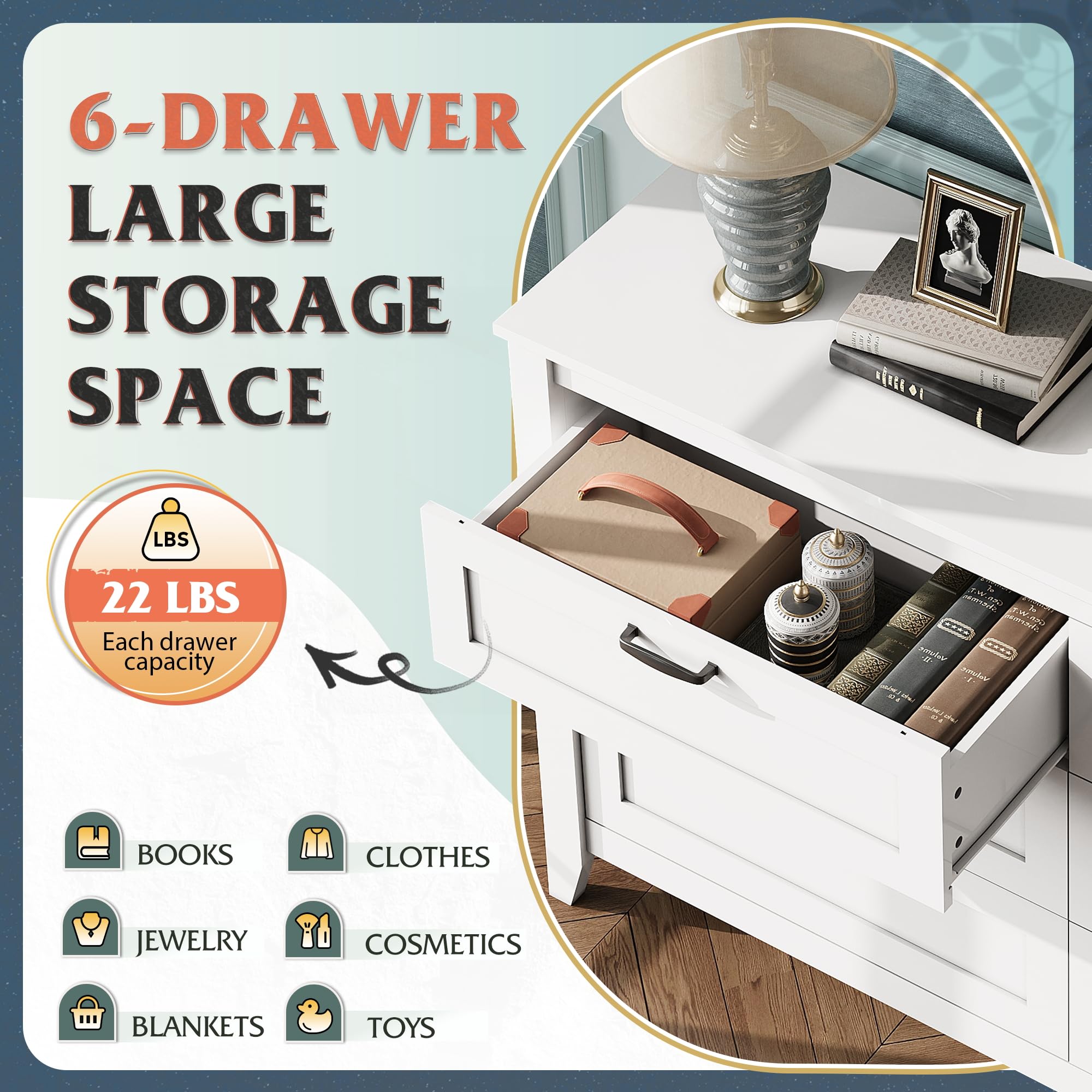 6 Drawer Dresser, Retro Chest of Drawers with Metal Handle, Double Wood Dresser