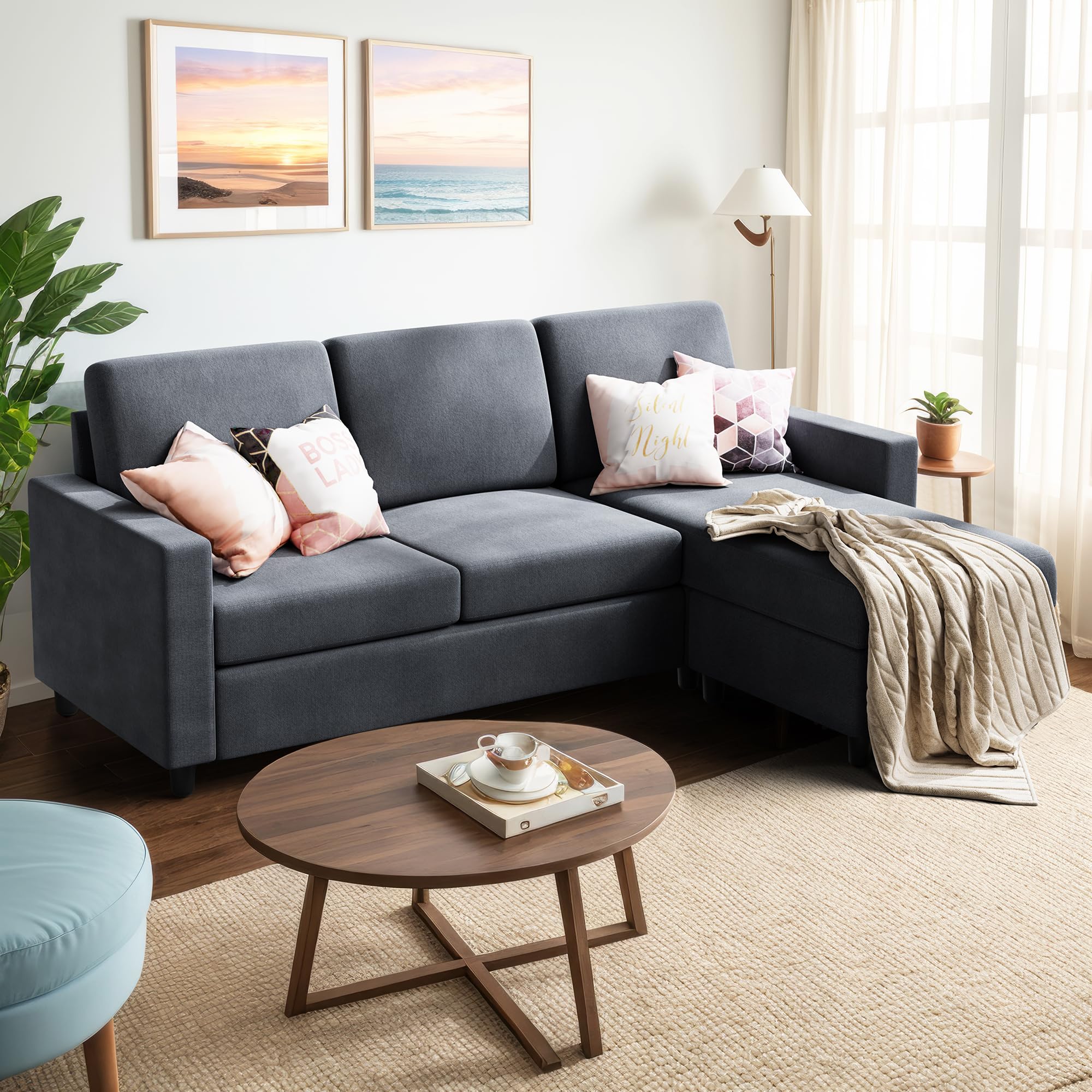 79 Inch Convertible Sectional Sofa Couch, Modern Linen Fabric L-Shaped