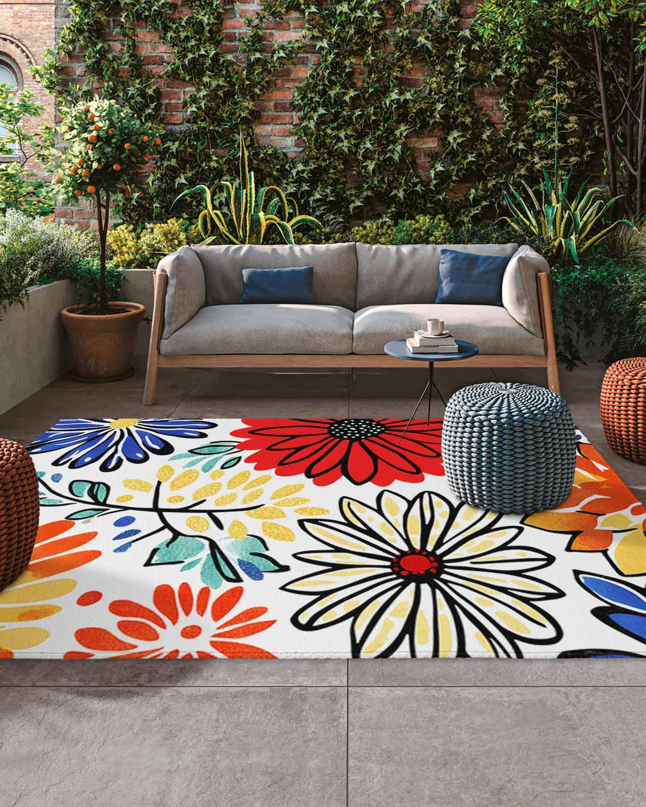 Outdoor Rug 5' x 8', Spring Floral Large Non Slip Area Rugs Washable Floor Mat