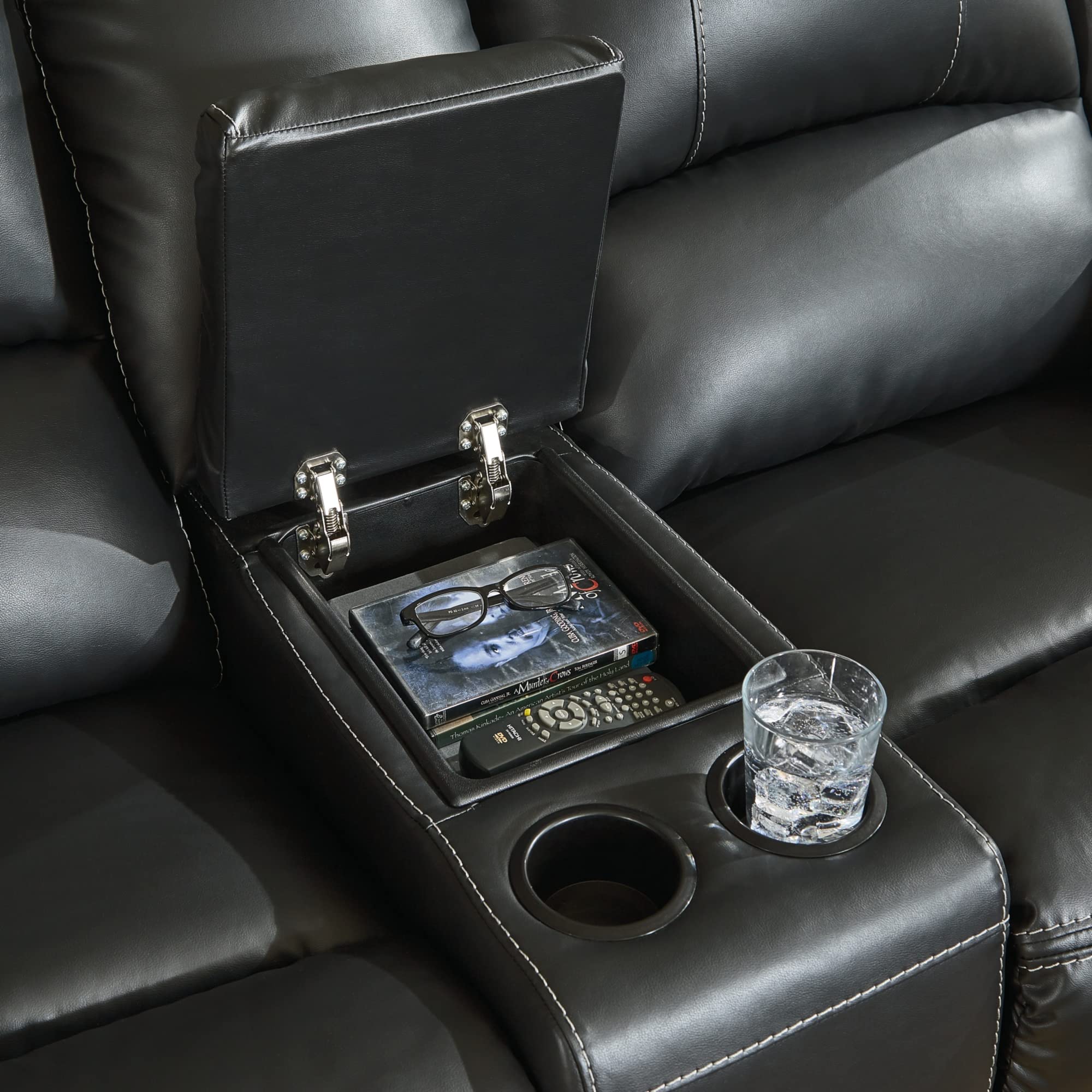 Calderwell Faux Leather Manual Double Reclining Loveseat with Storage Console, Black