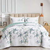 Green Leaves Printed on White Reversible Bedspread Coverlet Set