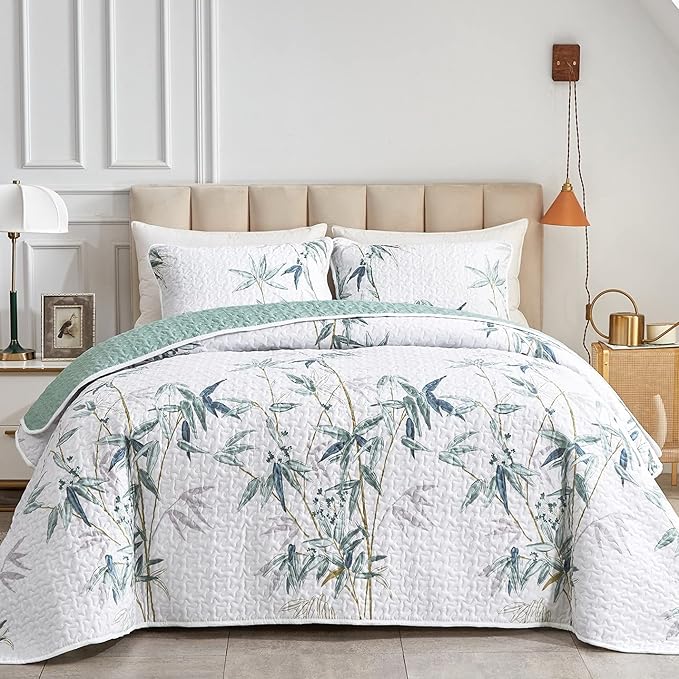 Green Leaves Printed on White Reversible Bedspread Coverlet Set