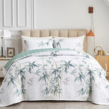 Green Leaves Printed on White Reversible Bedspread Coverlet Set