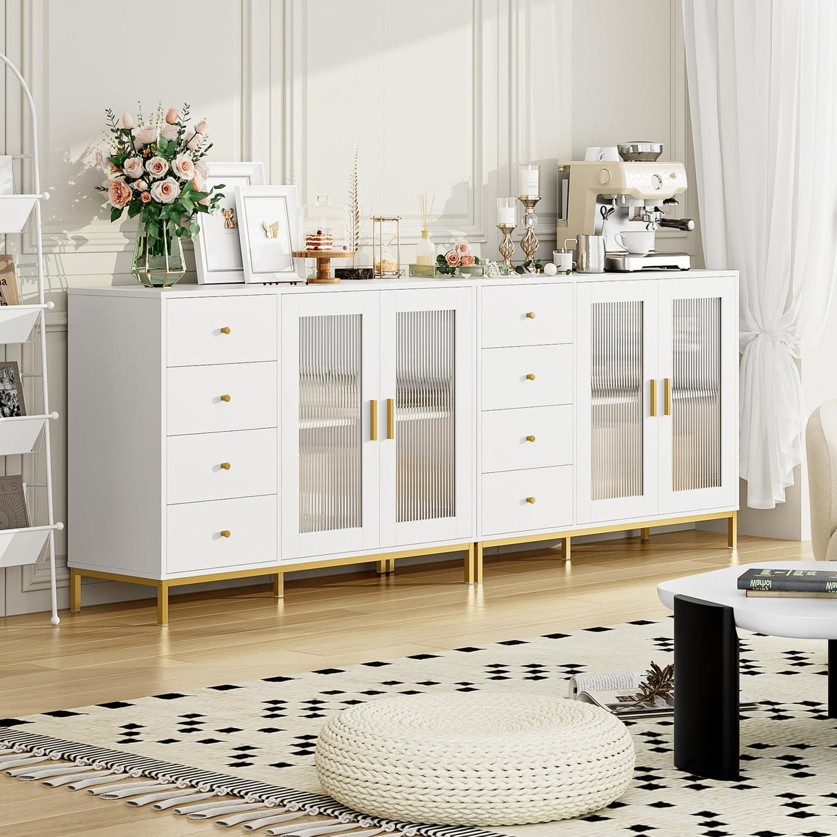 finetones Sideboard Buffet Cabinet with Storage, 47.2" White Gold Kitchen Cabinet with Fluted Glass Doors and Gold Metal Legs,