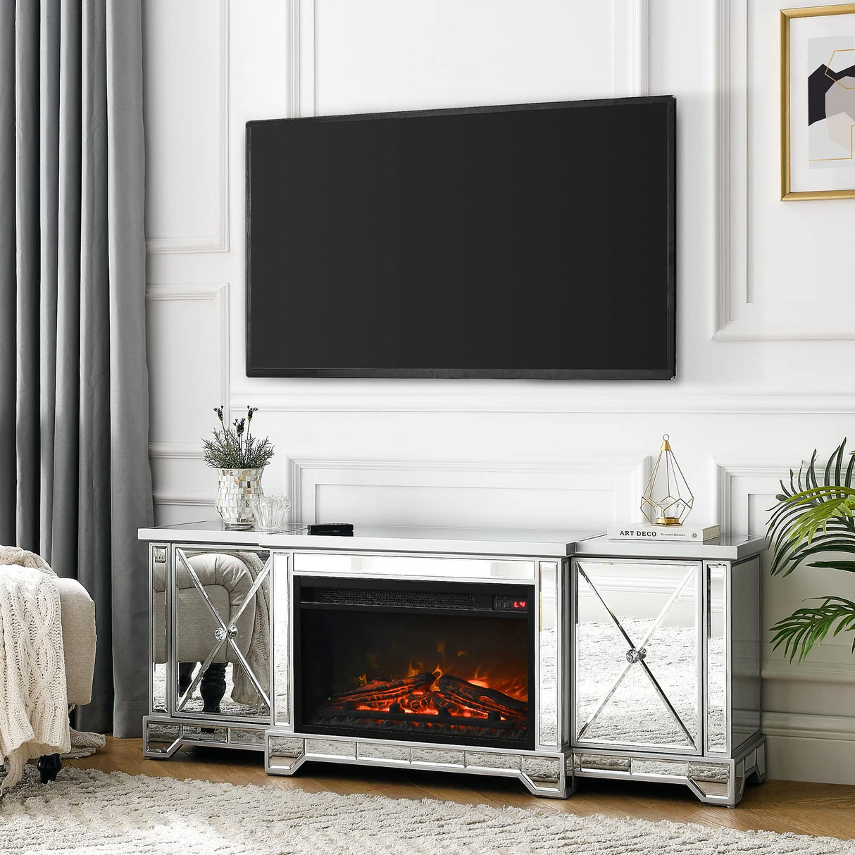 Electric Fireplace TV Stand for TVs up to 65”, Mirrored TV Stand with 18” LED Fireplace