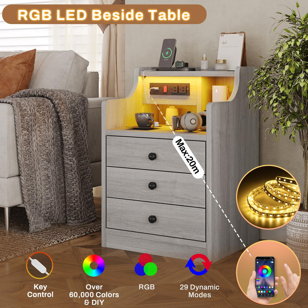 Grey Nightstand Set of 2,LED Nightstand with Charging Station