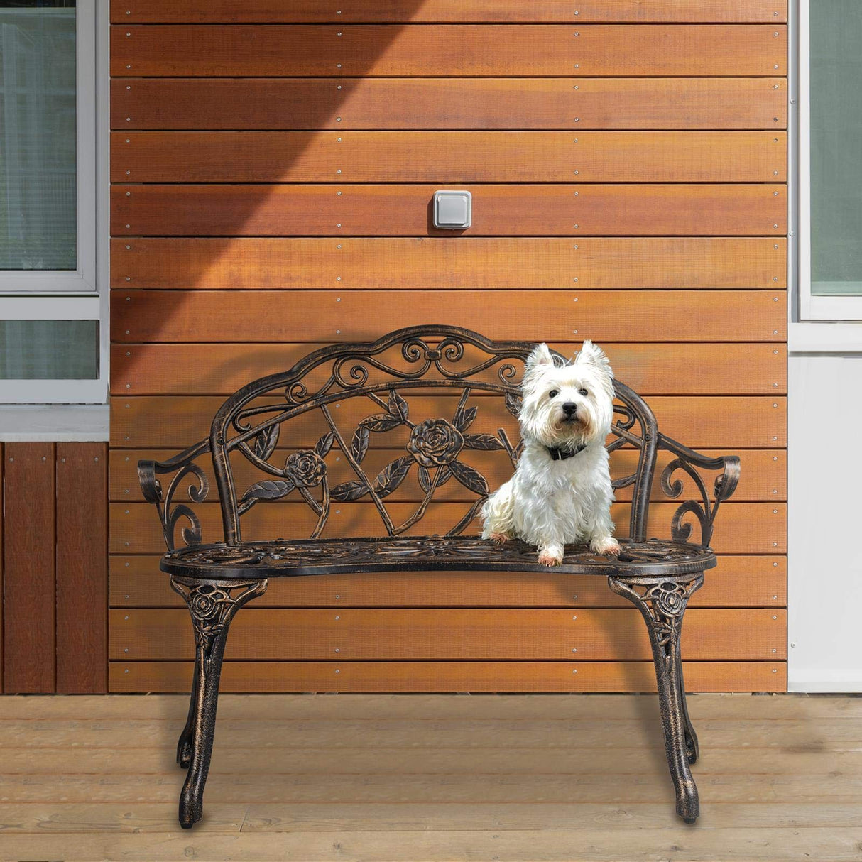 Outdoor Garden Bench Patio Park Bench, Aluminum Floral Rose Accented Antique Metal Bench Loveseat