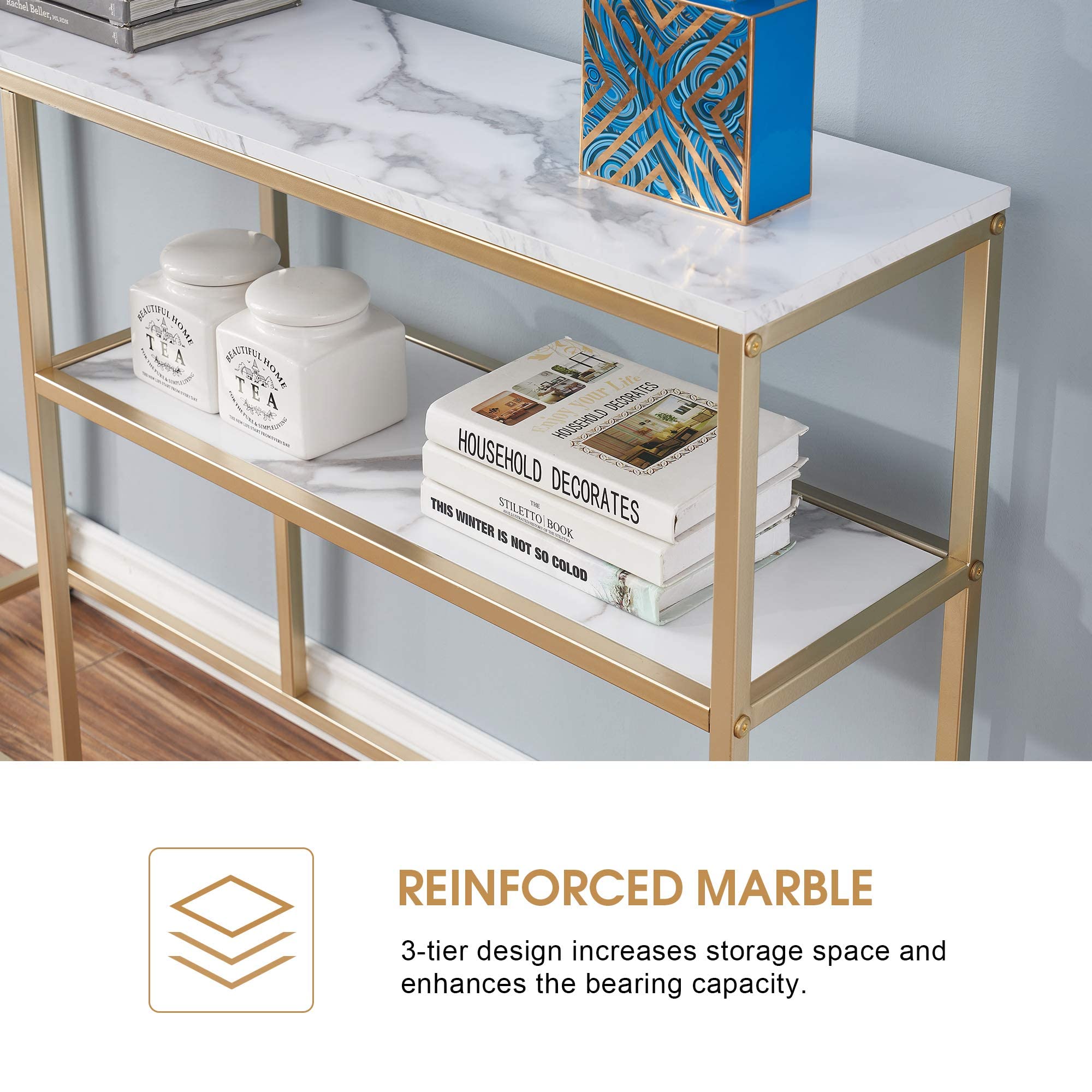 Narrow Console Table, White Marble Sofa Table Small TV Entryway Table with Storage Shelf