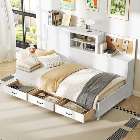 Storage, Wooden Day Bed with 3 Storage Drawers, Shelves, Cork Board & Sliding Door,