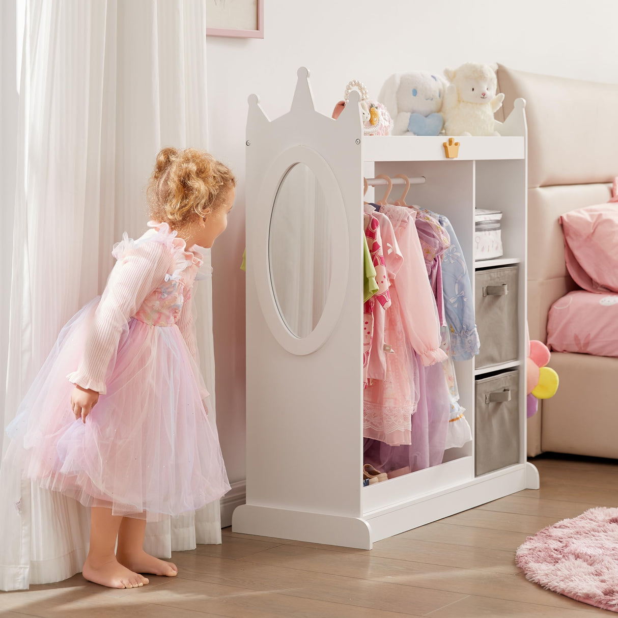 Kids Dress up Storage with Mirror, 2 Storage Bins & Cloth Hanger, Kids Play Armoire Dresser Pretend Storage Closet for Bedroom