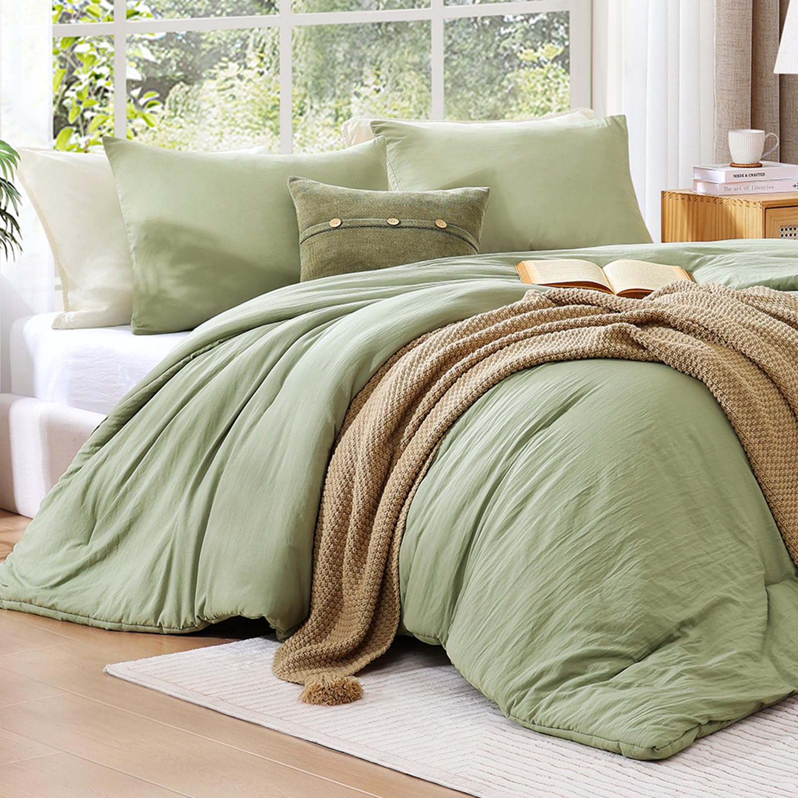 Queen Size Comforter Sets, Sage Green 3 Piece Soft Fluffy Queen Comforter Set
