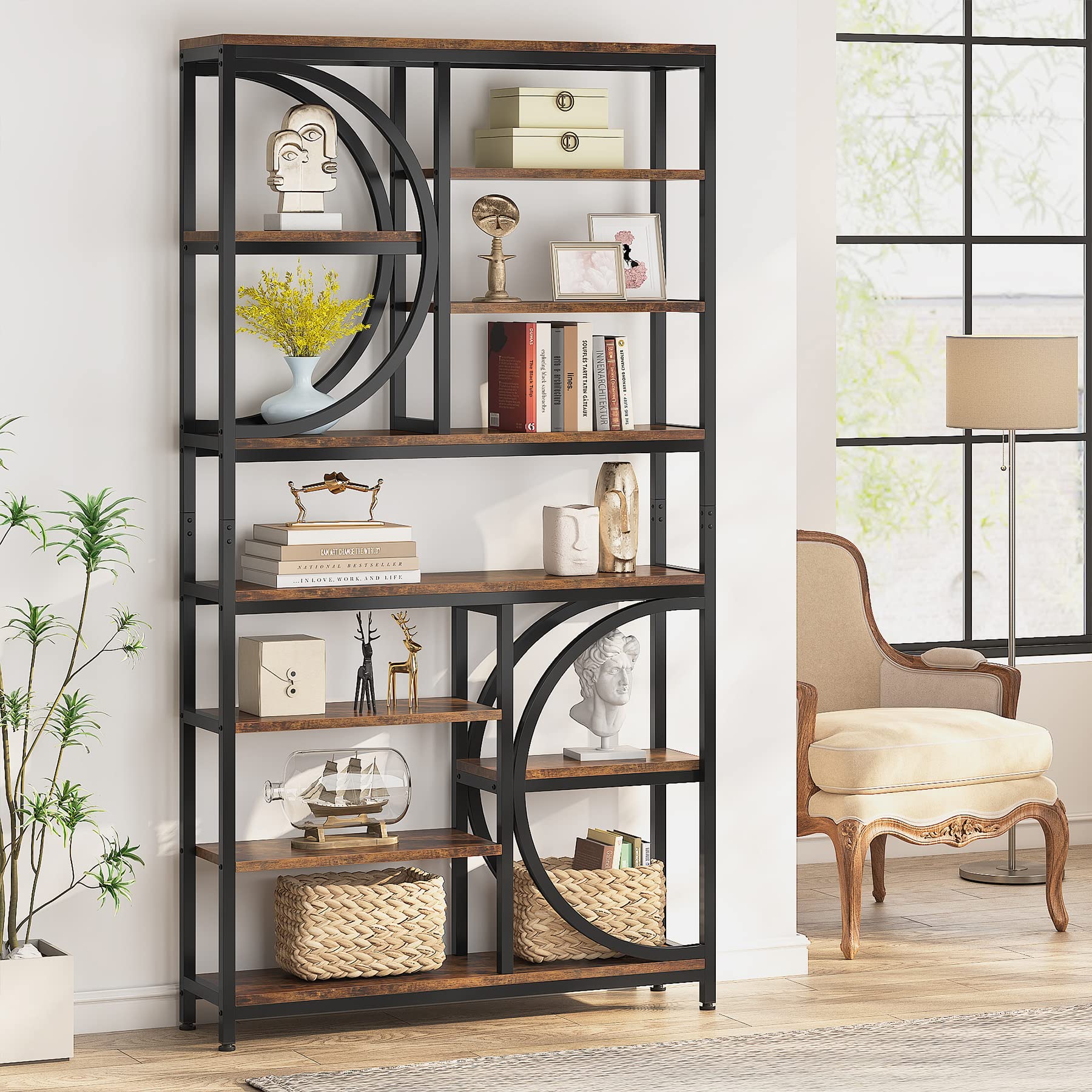 Bookshelf, Industrial 8-Tier Etagere Bookcases, 77-Inch Tall Book Shelf Open Display Shelves, Wood Look Accent Shelving Unit with Metal Frame for Home Office (1, Brown/Black)
