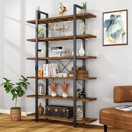 5 Tier Bookshelf, 70 inch Tall Solid Bookcase Industrial Wooden Bookshelves