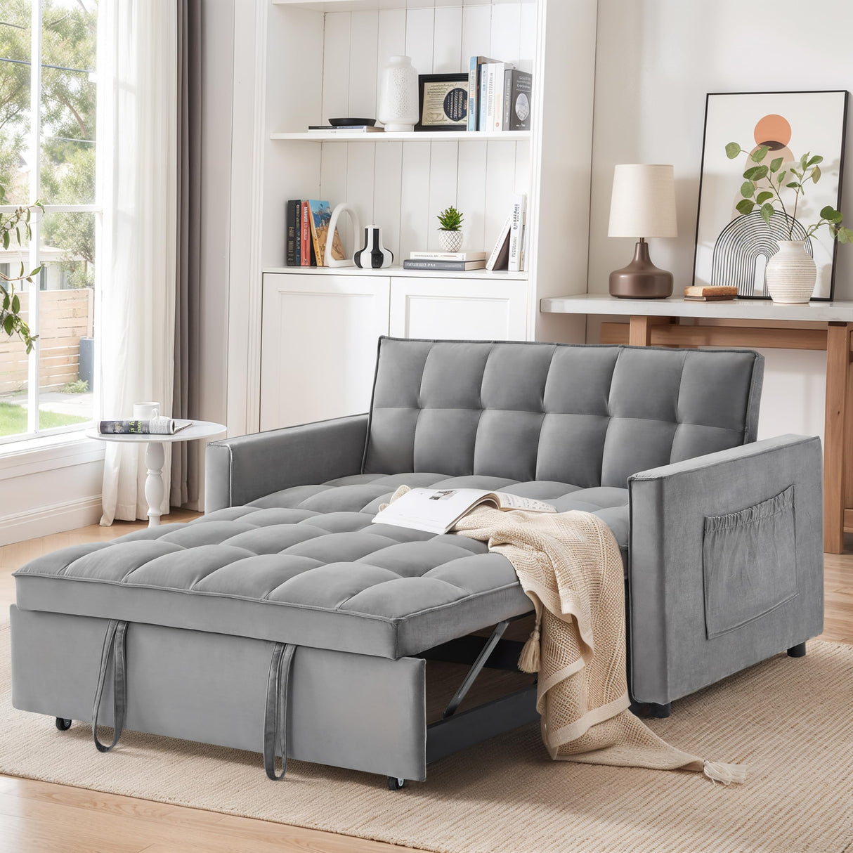 3 in 1 Convertible Sleeper Sofa Bed, Modern Velvet Futon Couch Pullout Bed, Love Seat Lounge Sofa w/Reclining Backrest, Pockets, Grey