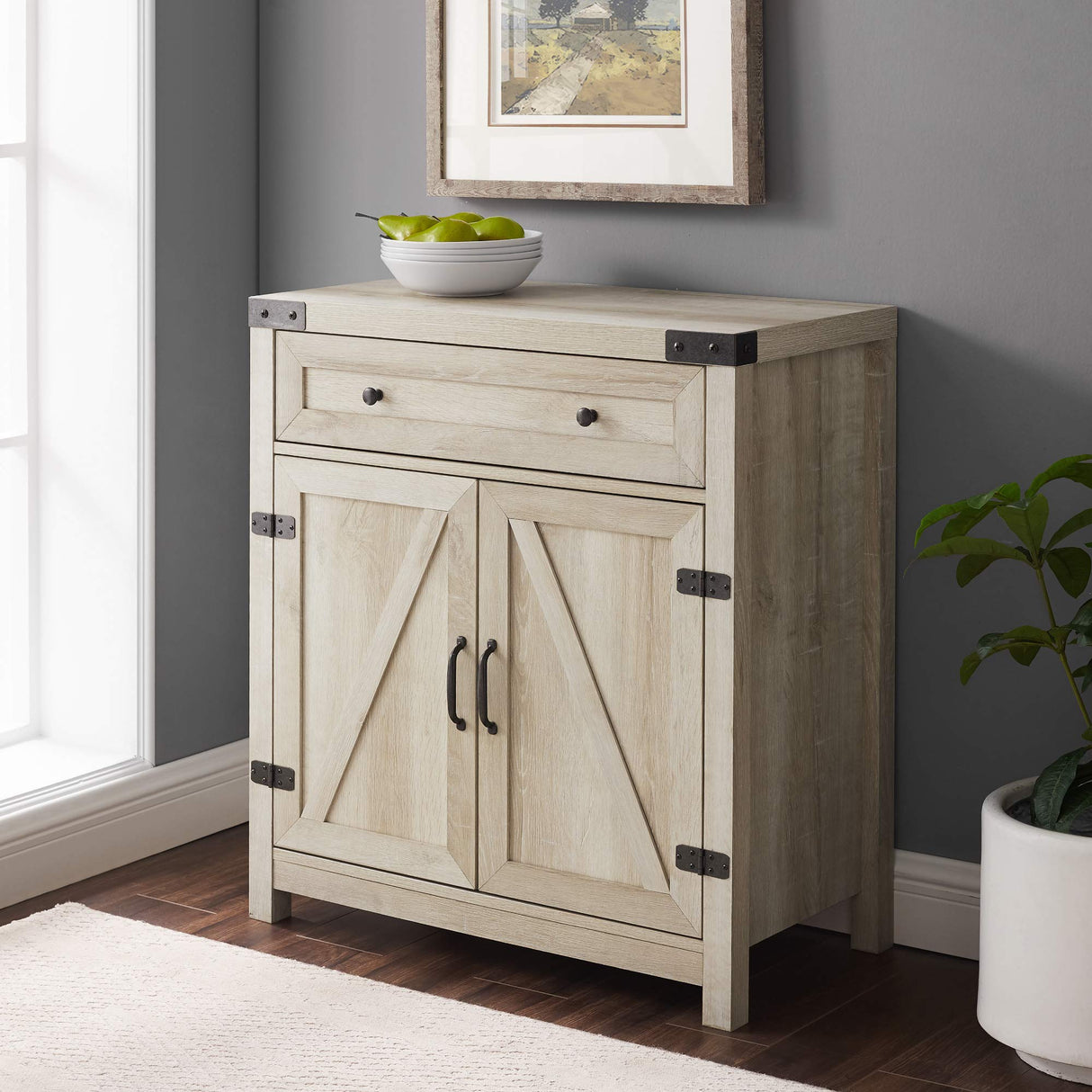 Cass Modern Farmhouse Double Barn Door Accent Cabinet, 30 Inch, White Oak