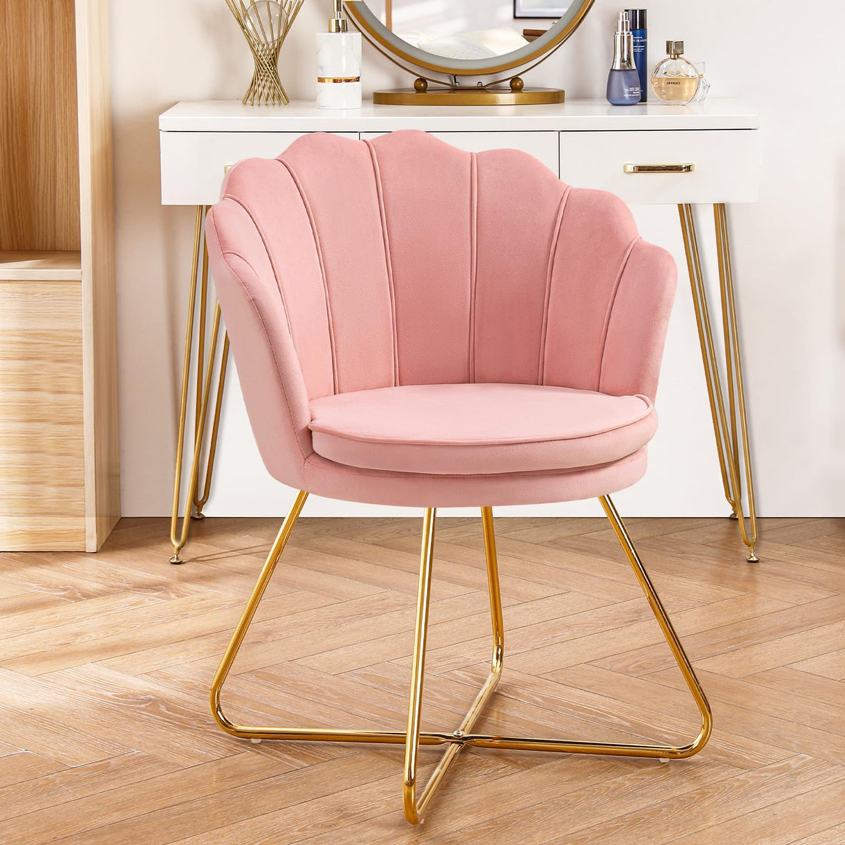 Pink Vanity Chair, Chair for Bedroom, Makeup Chair with Gold Plating Legs, Accent Chair