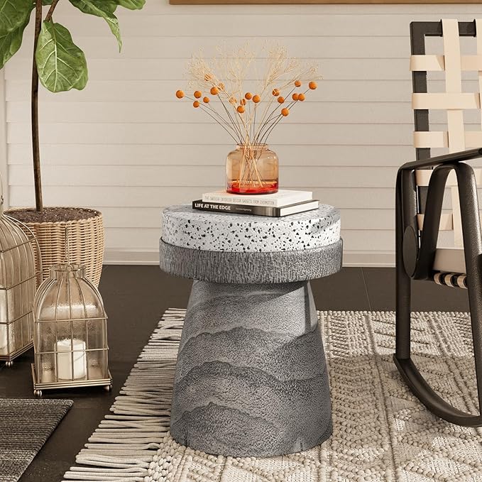 Outdoor Side Table w Chessboard, 14''Concrete Faux Wooden Garden Stool,