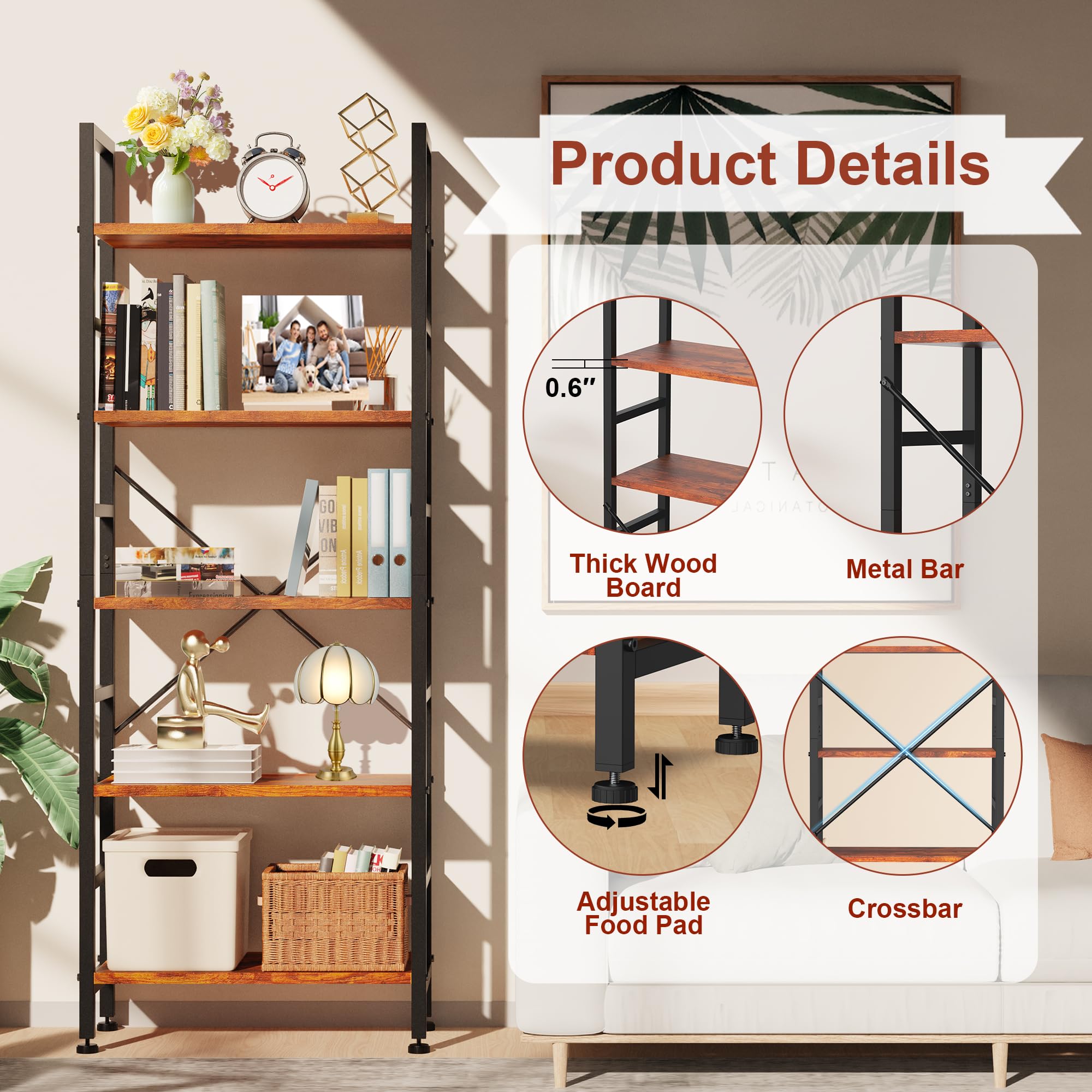 Simple Deluxe Book Shelf, 5 Tier Bookcase, Tall Bookshelf Display Storage Shelf for Books, Movies, Cd, Industrial Corner Book Case Modern Organizer for Bedroom Kitchen Office Living Room Rust Brown