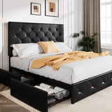 Upholstered Queen Size Platform Bed Frame with 4 Storage Drawers and Headboard