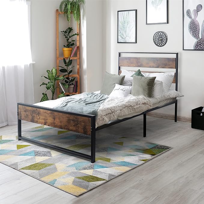 with Wooden Headboard and Footboard, Metal Platform Bed with Premium Steel Frame,