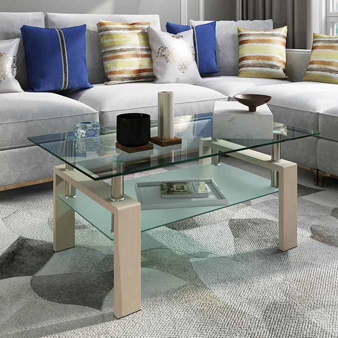 Living Room Glass Coffee Tables Modern Rectangle Center Side Table w/Storage Shelf