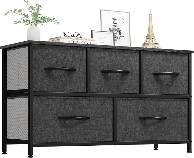 Wide Chest of Drawers, Dresser with 5 Drawers, Oak Greige Fabric Storage Tower