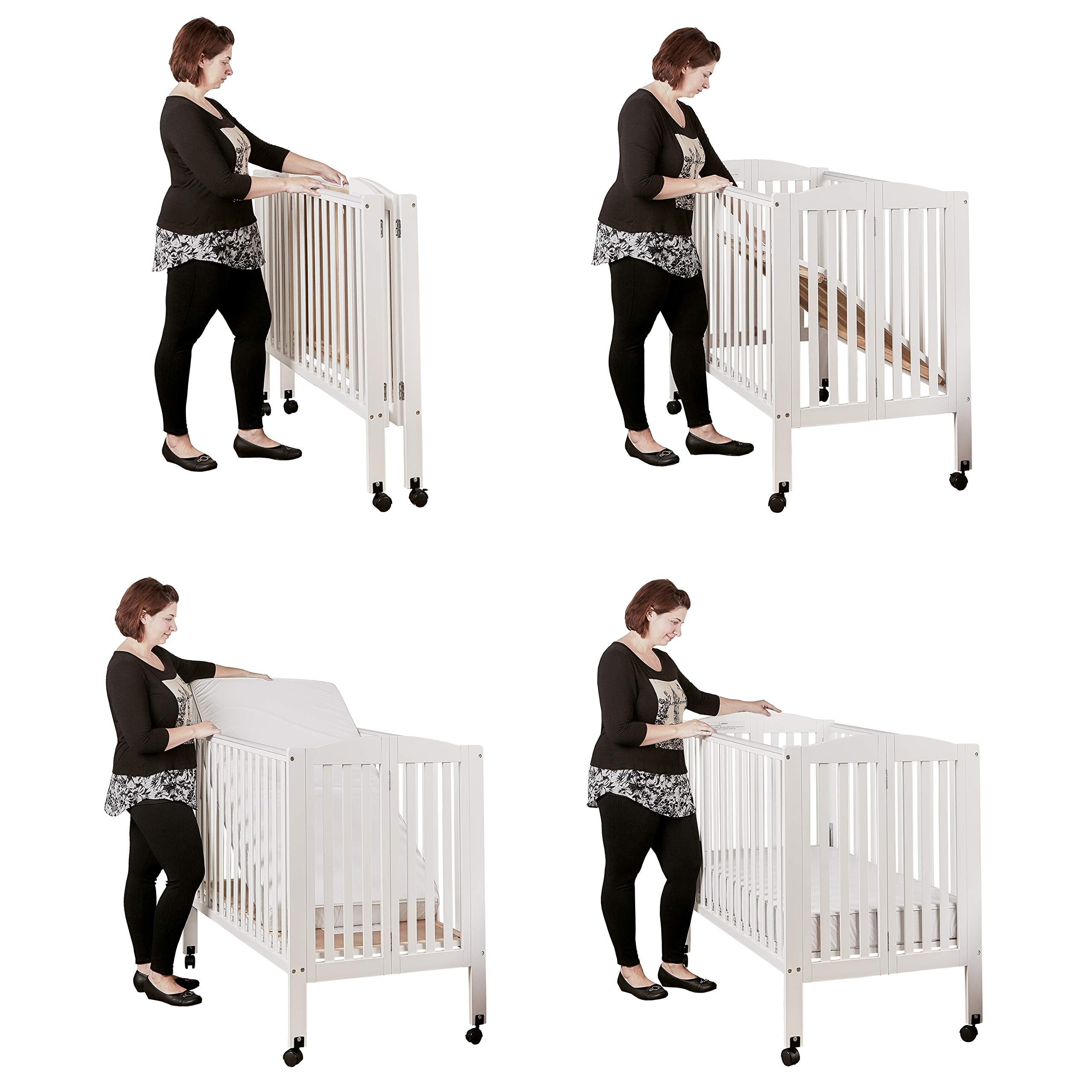 3 in 1 Portable Folding Stationary Side Crib in White, Greenguard Gold Certified, Safety Wheel with Locking Casters, Convertible, 3 Mattress Heights