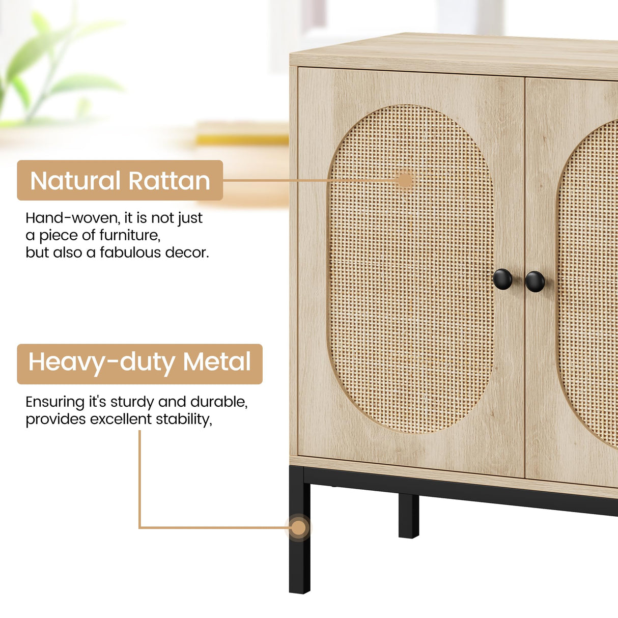 Sideboard Buffet Cabinet Set of 2, Rattan Storage Cabinet with Adjustable Shelves