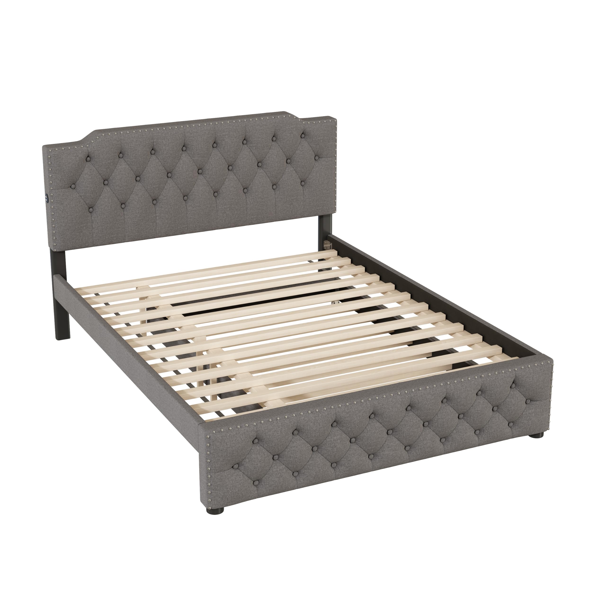 Queen Size Upholstered Platform Bed with Twin Size Trundle and 2 Sets of USB Ports