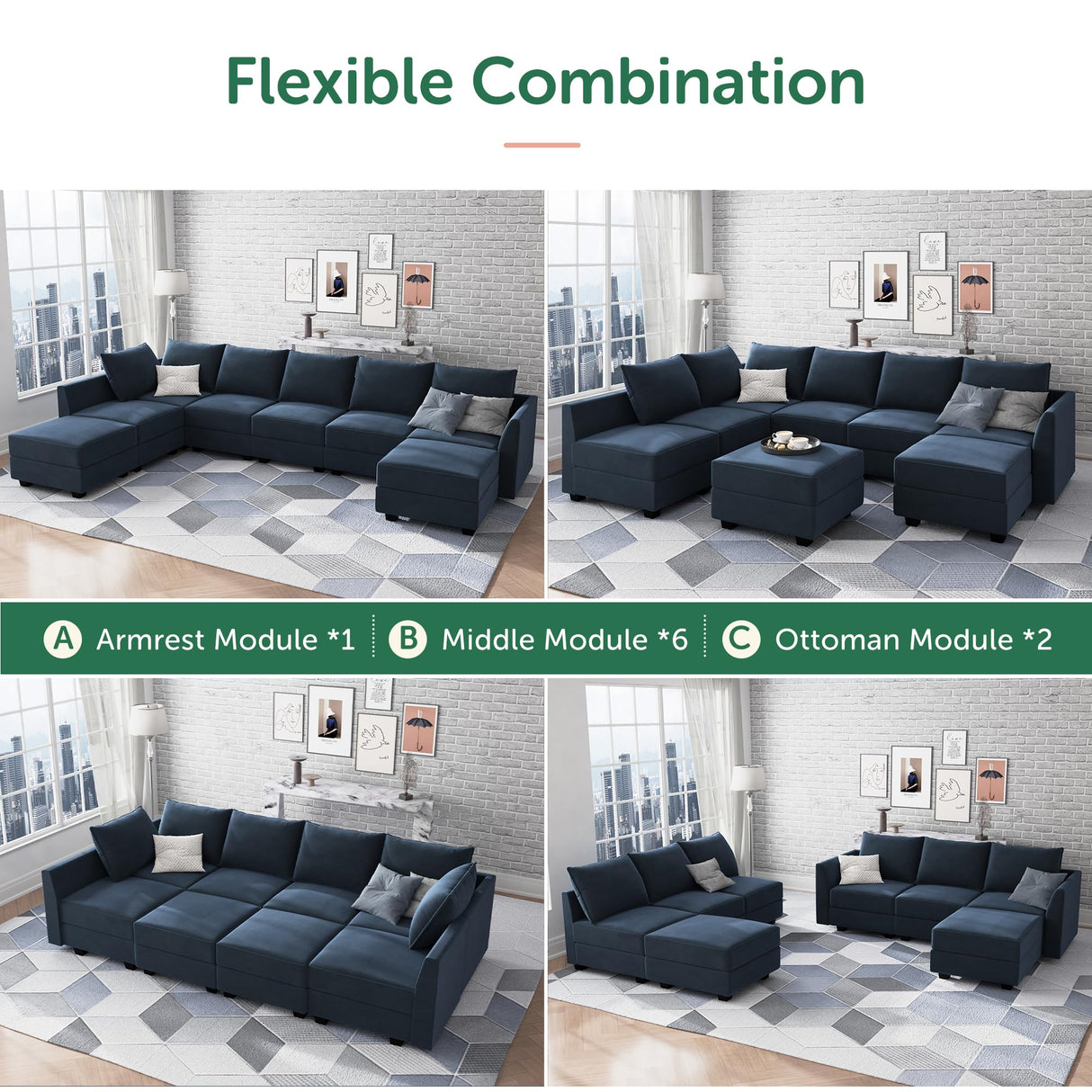 Modular Sectional Sofa with Ottoman Oversized U Shaped Couch with Reversible Chaise