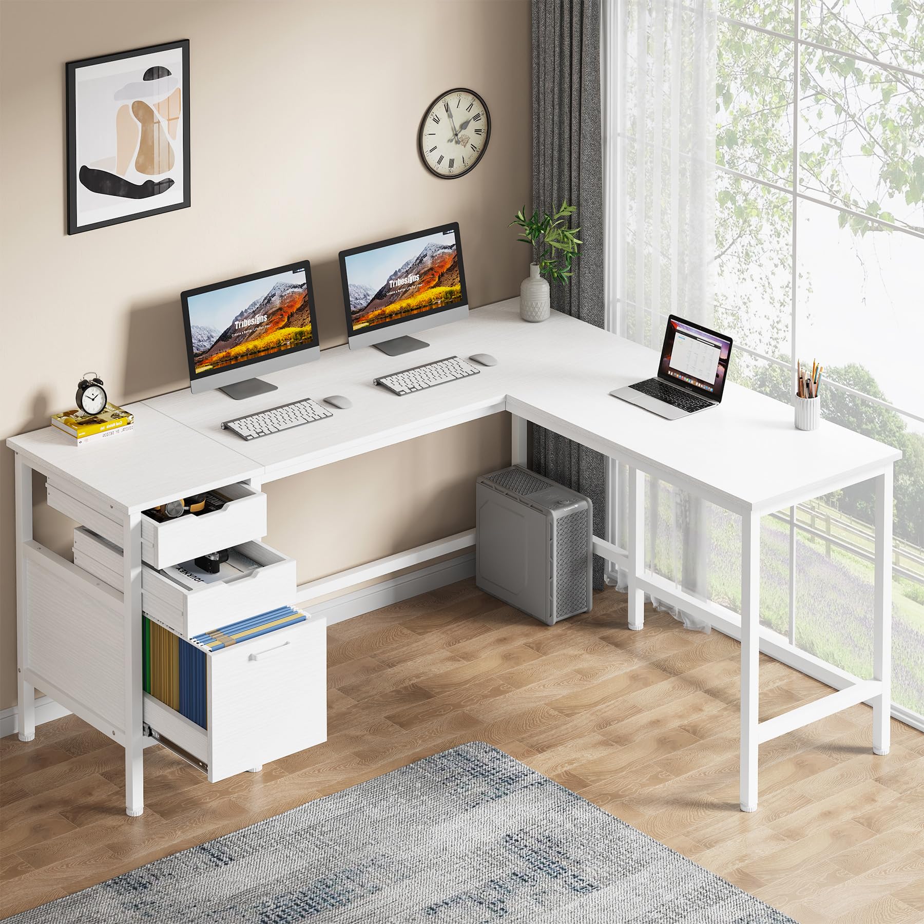 L Shaped Desk with File Drawer Cabinet, 59 Inch Corner Desk L Shaped Computer Desk