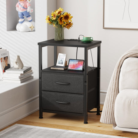 Night Stand with Charging Station and 2 Fabric Drawers, Side Table