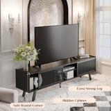 Black TV Stand for 65 70 Inch TV, Modern Iron Rattan TV Console with Sliding Door