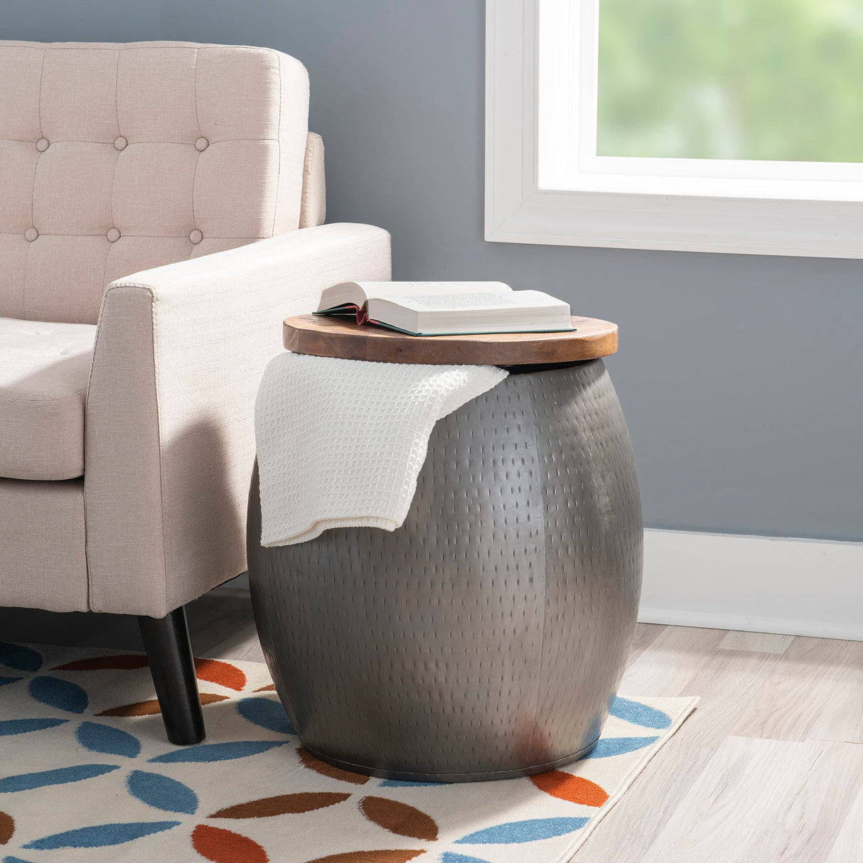 Pewter Hammered Metal Round Storage and Wood Top Janice Drum Side Table