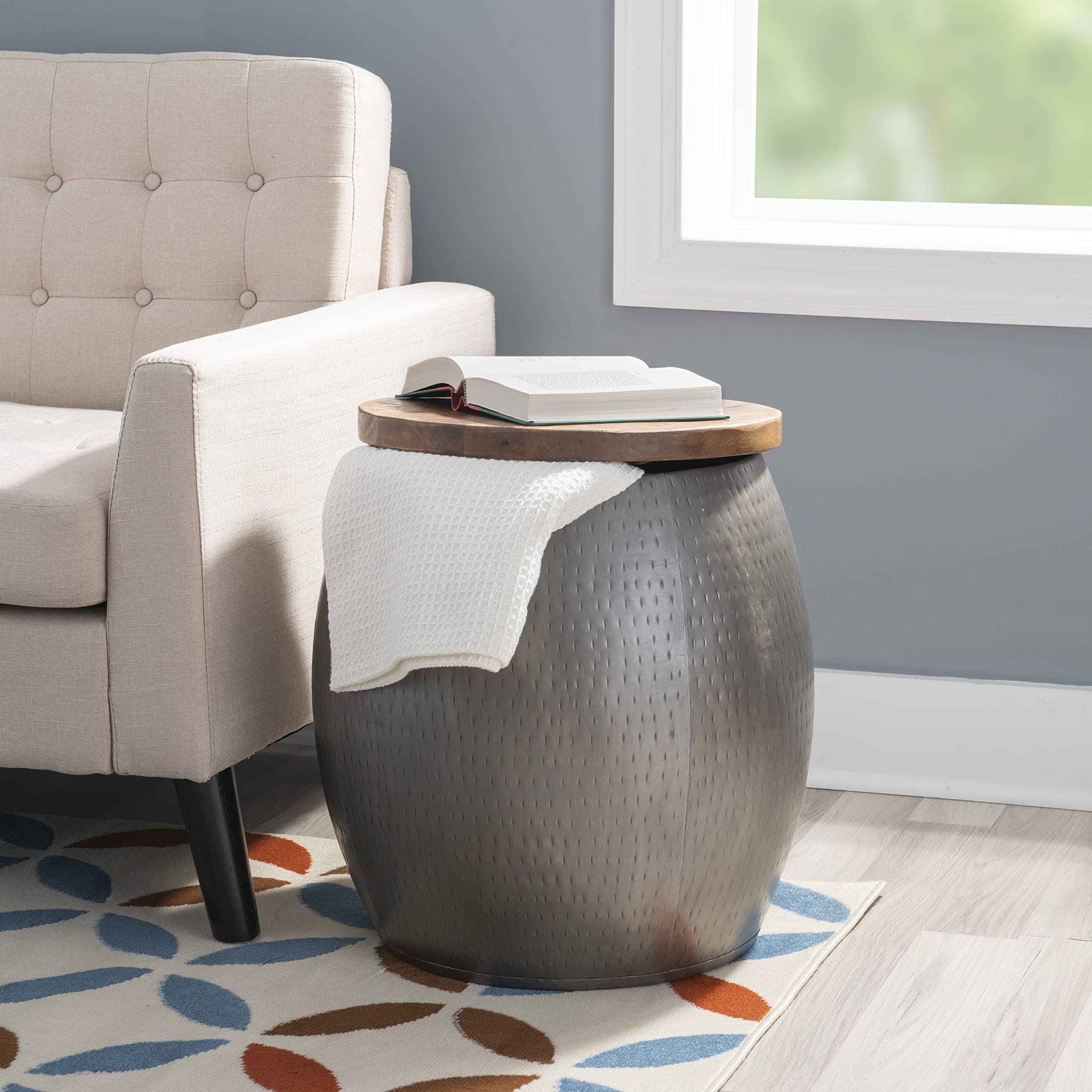 Pewter Hammered Metal Round Storage and Wood Top Janice Drum Side Table