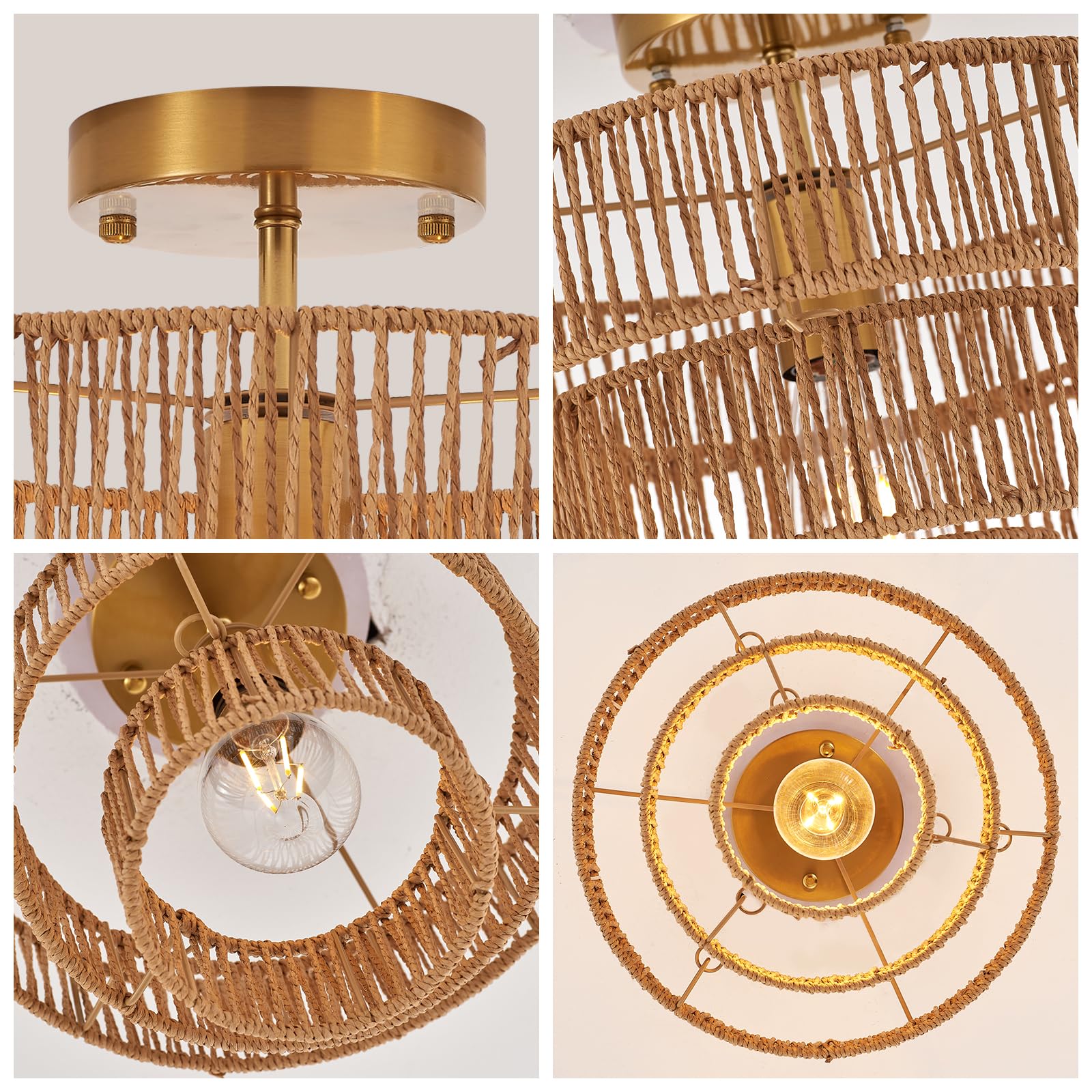 Hand-Woven Rattan Semi Flush Mount Ceiling Light Fixture Vintage Farmhouse Boho