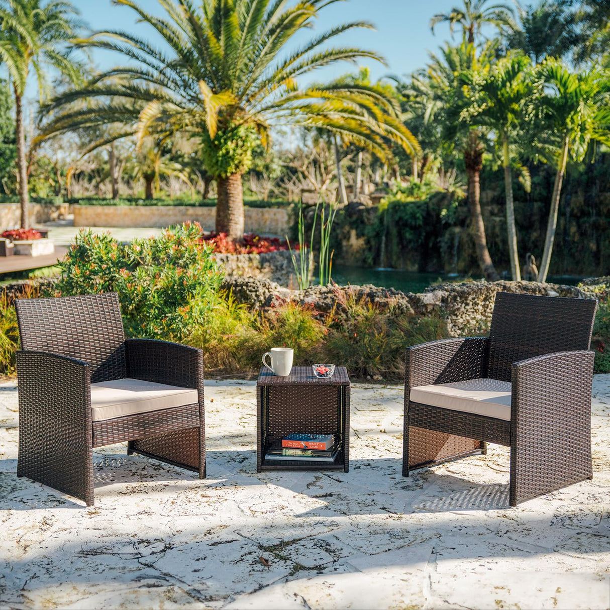 Wicker Outdoor Furniture Set - 3 Piece Patio Bistro Set (Brown/Beige)